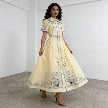 Royal Collared Single Breasted Maxi Dress Elegant Vintage Print Lace up Waist Dress Women