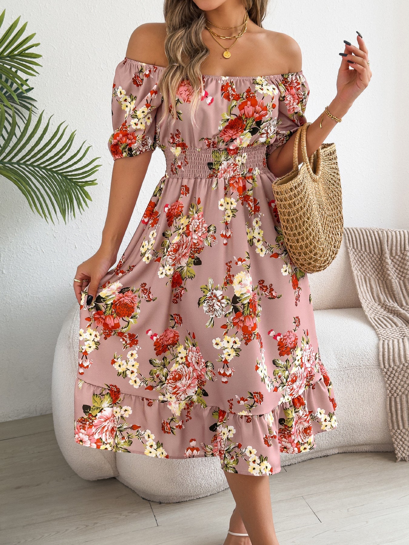 Spring Summer Floral Off Shoulder Short-Sleeved Ruffle A Line Holiday Dress