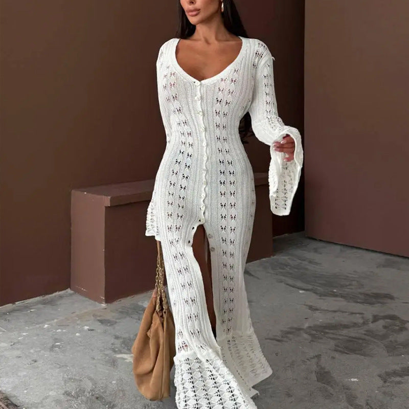 Solid Color Long Knitted Cardigan Coat Hollow Out Cutout Bell Sleeve Idle V neck Women Overall