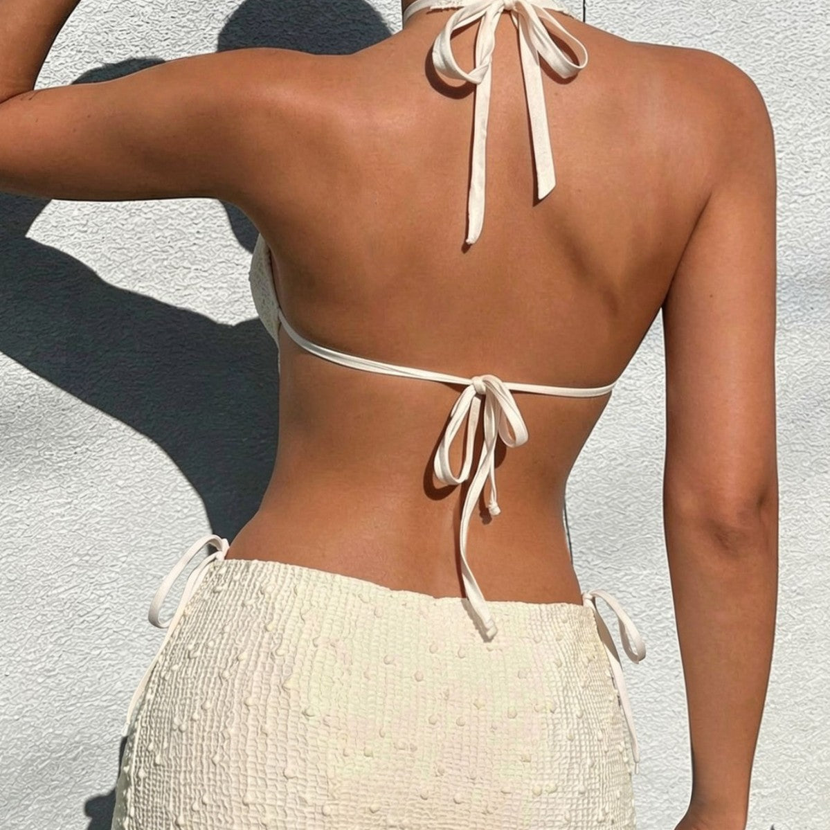 Ladies Sexy Solid Color V neck Bikini Three Piece Set Vacation Beach Backless Lace up Swimsuit