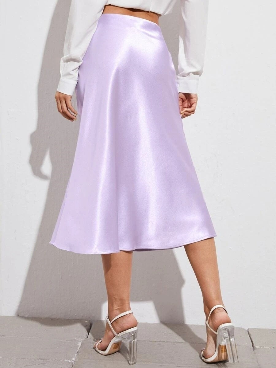 High Waist Satin Skirt Autumn Winter Women Midi Skirt Zipper Satin Skirt