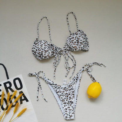 Sling Bandage Swimsuit Women Pleated Push up Drawstring Sexy Solid Color Bikini Swimsuit