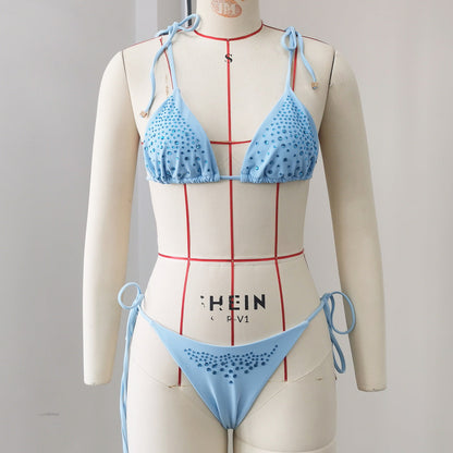 Three Point Solid Color Diamond Sexy Lace up Halter Bikini Split Swimsuit