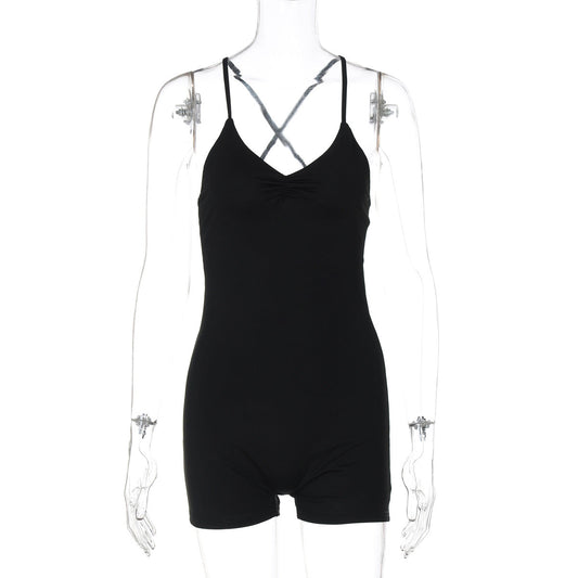 Women Clothing Summer Solid Color Sling Backless Fitness Yoga Tight Jumpsuit