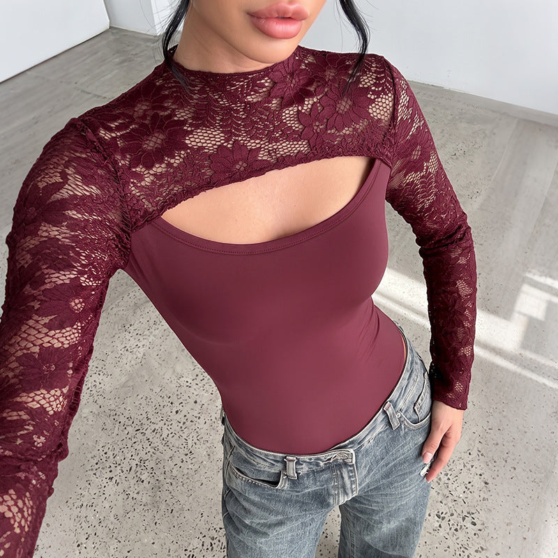 Lace Long Sleeve Jumpsuit Patchwork Cutout Half Turtleneck Sexy See through Jumpsuit Women