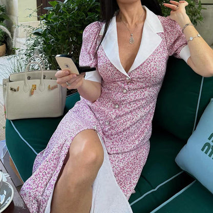 Elegant Floral Dress Summer Polo Collar Short Sleeve High Waist Print A line Dress for Women