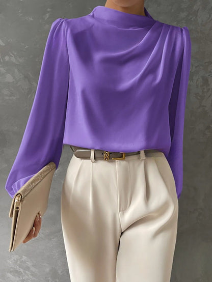 Solid Color Pleated Women Shirt Elegant Pullover Satin Top Office Long Sleeve Top