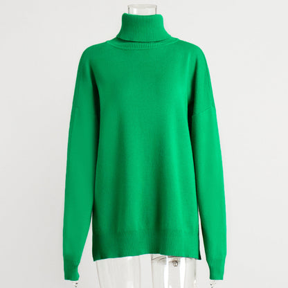Turtleneck Sweater Women Autumn Winter Casual Sweater Slit Loose Solid Color Knitted Sweater