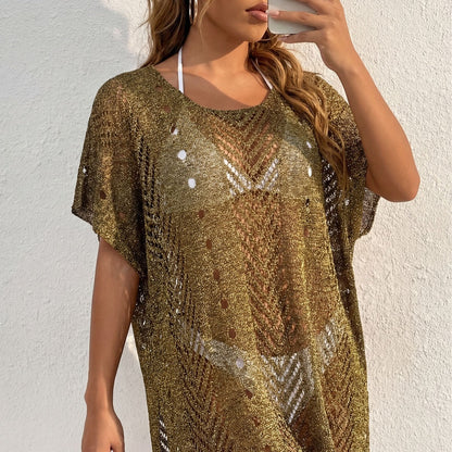 Women Dress Women Clothing Bright Silk Thread Gold Silk Sexy See through Beach Beach Cover Up