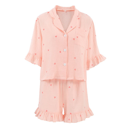 Summer Women Pajamas Crepe Cotton Heart Printing Short Sleeved Shorts Two Piece Home Wear