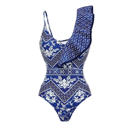 One Shoulder Ruffled One Piece Swimsuit Women Sexy Backless Print Swimwear Swimsuit