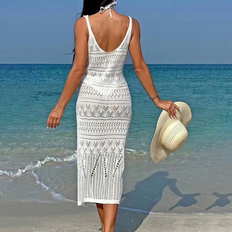 Beach Cover up Sexy Cutout Knitted Long Sling Backless Holiday Sun Proof Dress