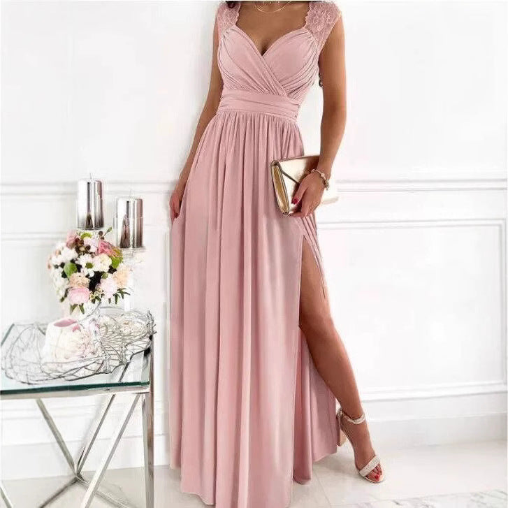 Women Clothing Sleeveless Backless Solid Color Wide Hem Split Women Clothing Dress