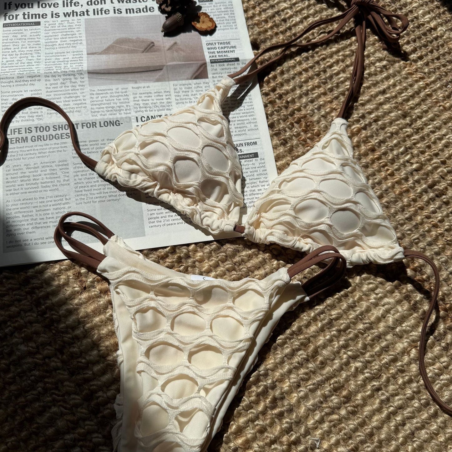 Sexy Backless Mesh Stitching Drawstring Strap Split Swimsuit Bikini Bikini