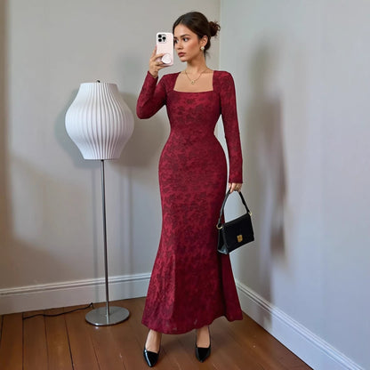 Spring Dress Elegant Slim Fit Square Collar Lace Long Sleeve Dress