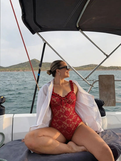 Swimsuit Red Sexy Lace One Piece Swimsuit Women Maxi Skirt