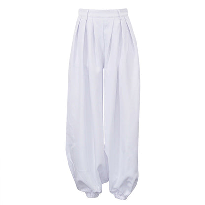 Women Clothing Simple All Match Loose Fit Tappered Trousers Pleated High Waist White Casual Pants