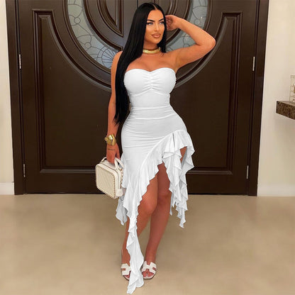Tube Top Irregular Asymmetric Dress Solid Color Ruffles Dress Women Sheath