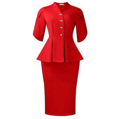 Women Clothing Short Sleeve Elegant Ruffled Hip Split Solid Color Set