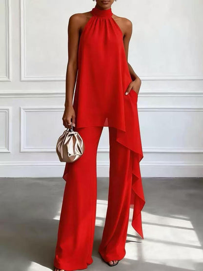 Elegant Halter Sleeve Chiffon Two Piece Sets