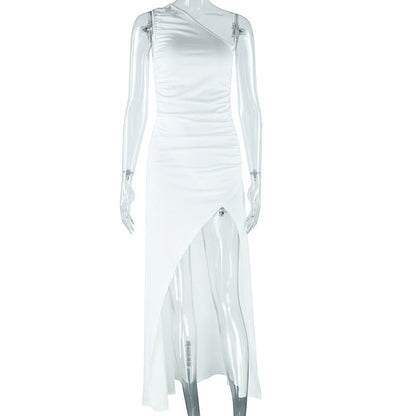 Women Clothing Solid Color Dress Diagonal Collar Open Shoulder Sleeveless Split Maxi Dress