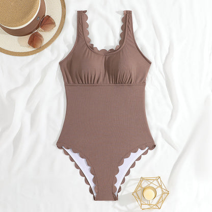 Cut Floral Conservative Solid Color One Piece Swimsuit Women Bikini Swimsuit