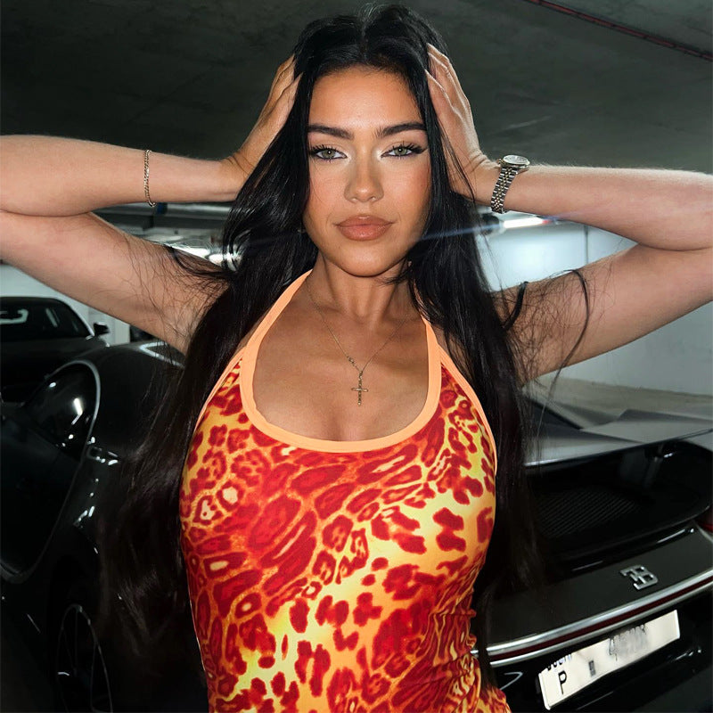 Women Clothing Autumn Sexy Lacing Halter Leopard Print Sheath Dress
