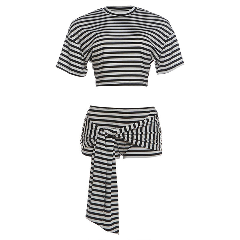 Summer Women Sexy Cropped T shirt Ribbon Shorts Striped Two Piece Sets