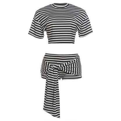 Summer Women Sexy Cropped T shirt Ribbon Shorts Striped Two Piece Sets