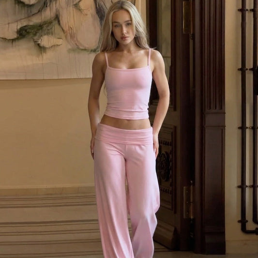 Women Clothing Summer off Neck Sling Small Tank Top High Waist Straight Pants Two Piece Sets