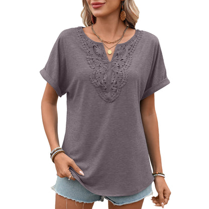 Women Clothing Spring Summer Solid Color V neck Lace Loose Short Sleeve T shirt Top