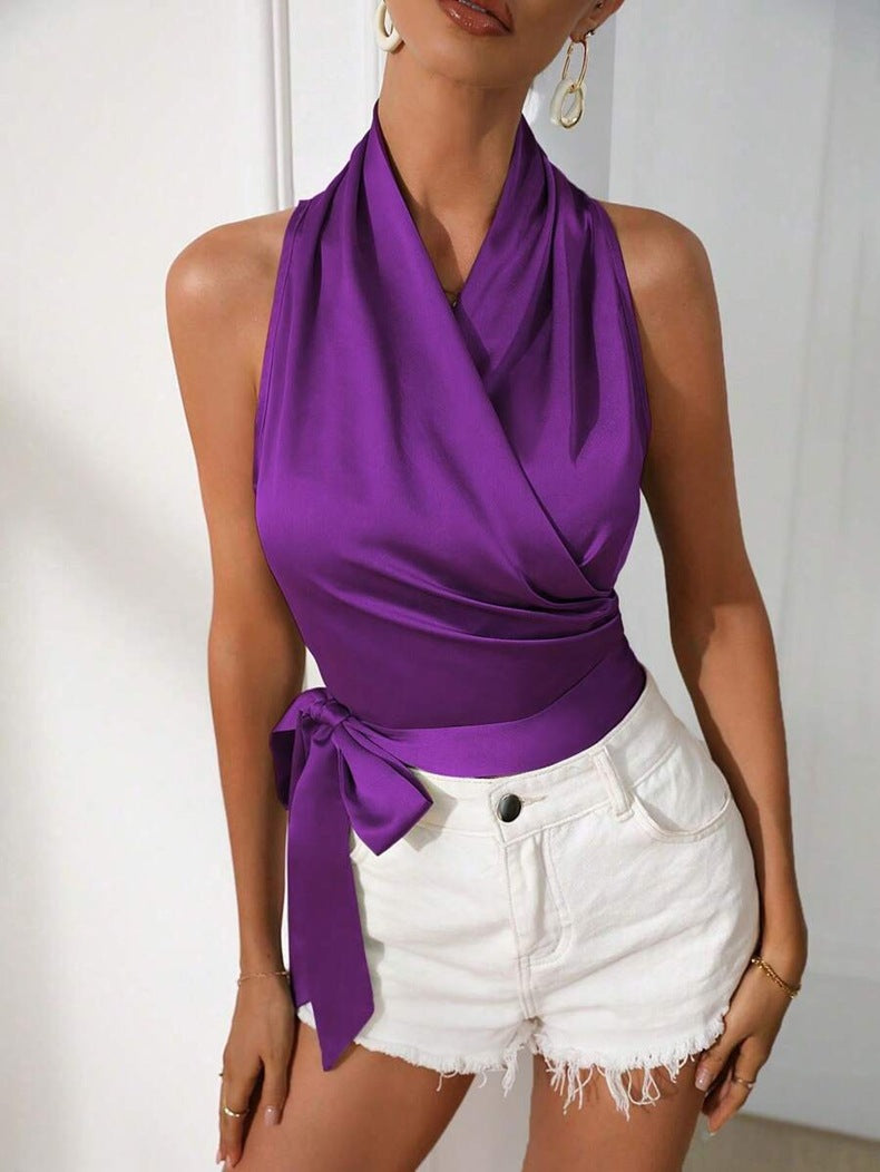 Women Clothing Satin Shirt Women Spring Summer Halter Sexy Lacing Side Wrap Sleeveless Shirt Top