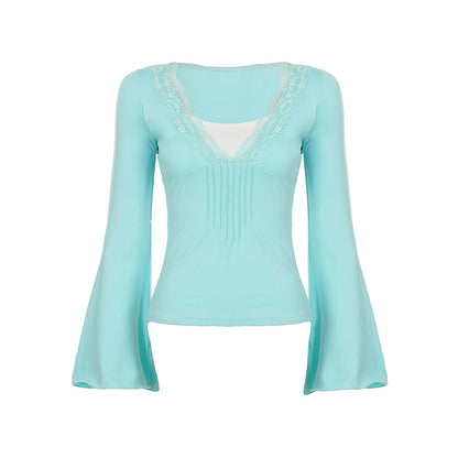 Retro Lace V neck Patchwork Split Faux Two Pieces Flare Sleeve T shirt Millennium Sexy Waist Controlled Top