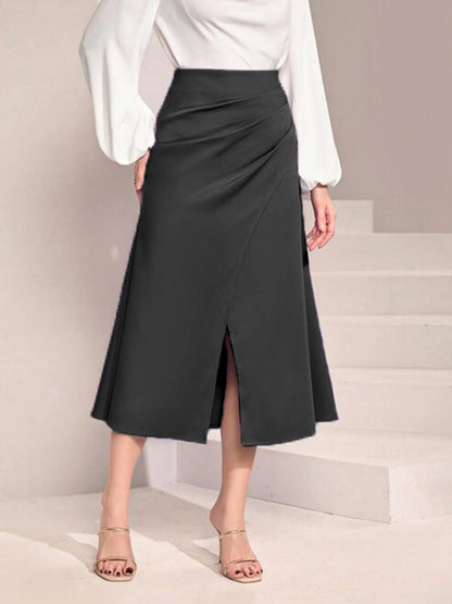 Women Clothing High Waist Satin Pleated Split Dress Solid Skirt Zipper Fishtail Hip Skirt