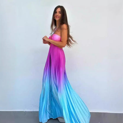 Personalized Summer Gradient Color Halter Pleated Long Women Dress