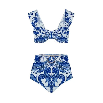 Lonkey Women Swimsuit Blue White Porcelain Printed Three Piece Split Swimsuit Women