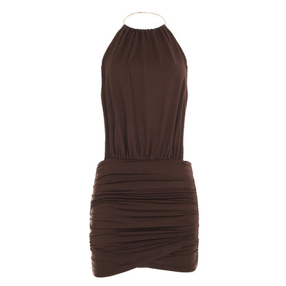 Summer Women Clothes Metal Ring Halter Sexy Backless Lace up Hip Dress