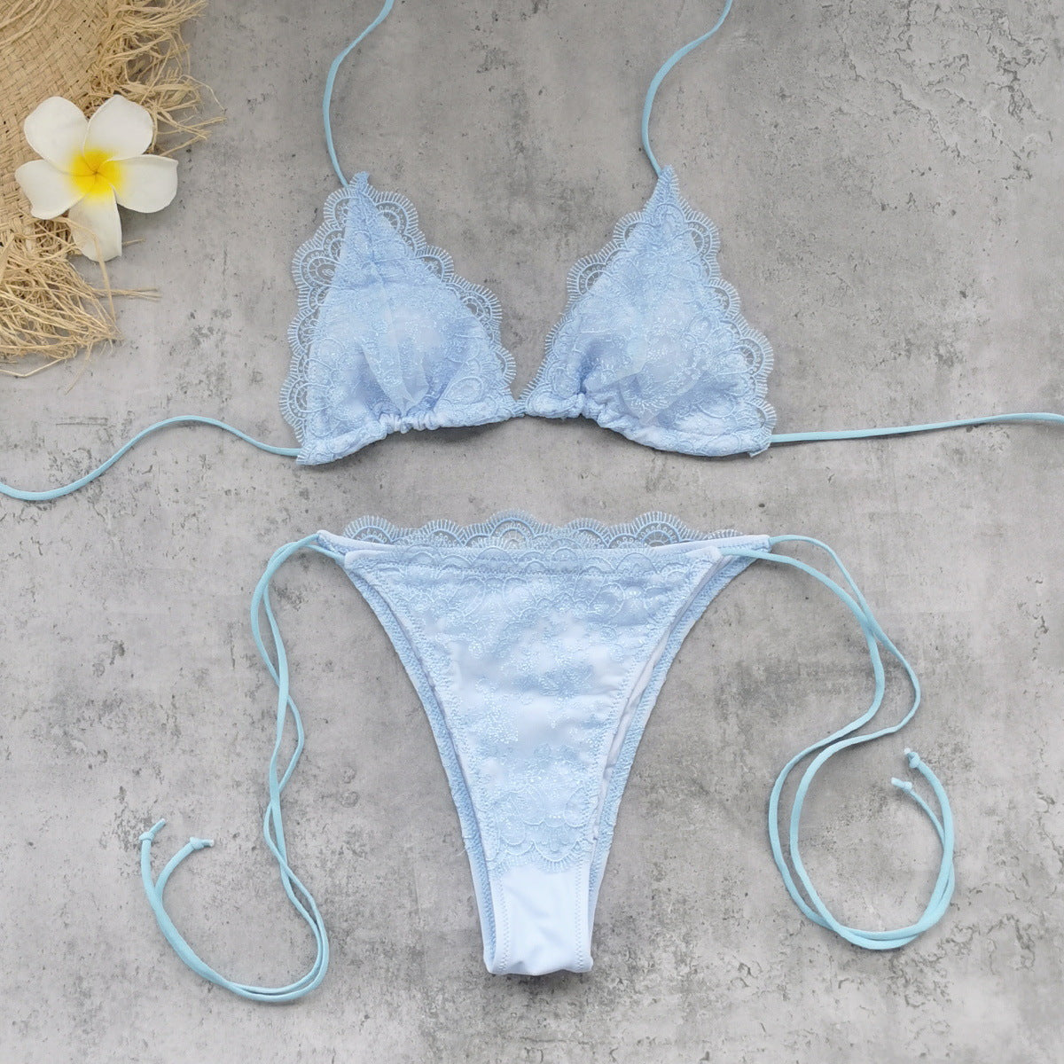 Solid Color Stitching Lace Three Point Sexy Backless Lace up Low Waist Bikini Split Swimsuit Women