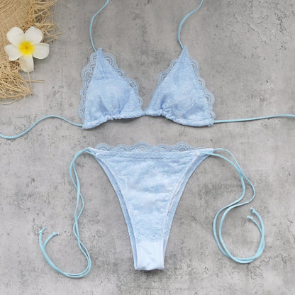 Solid Color Stitching Lace Three Point Sexy Backless Lace up Low Waist Bikini Split Swimsuit Women