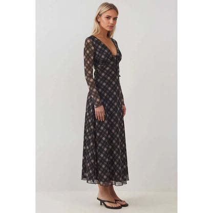 Autumn Retro V neck Lace up Plaid Elegant Graceful Slim Dress