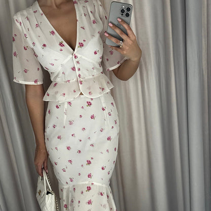 V neck Short Sleeve Cardigan Top Hip Skirt Two Piece Set Summer Printed Skirt Set for Women