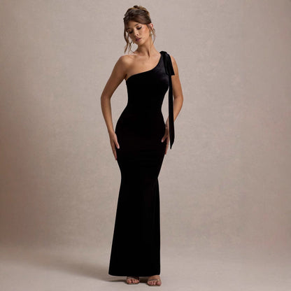 Spring Summer Women Solid Color Casual Sexy Oblique Shoulder Comfortable Slim Sleeveless Sheath Dress