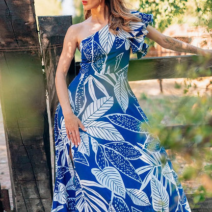 One Shoulder Bubble Sleeve Printed One Piece Swimsuit Women