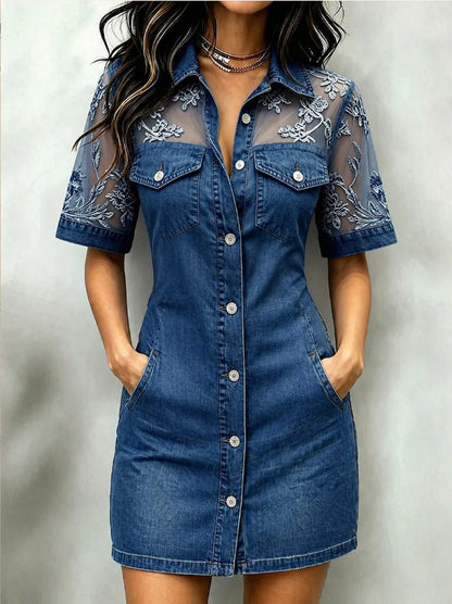 Summer Women Casual Patchwork Lace Denim Mini Dress