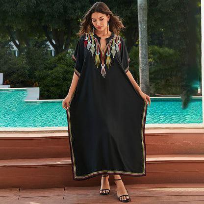 Rayon Embroidered Beach Outerwar Maxi Dress Women Loose Embroidered Casual Vacation Dress Beach Cover Up