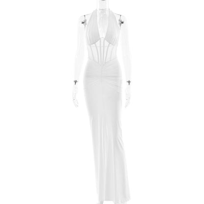 Elegant Women Lace up Maxi Dress Sexy Backless Pleated Sheath Dress