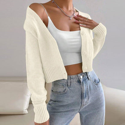 Fashionable Knitted Cardigan Women Spring Autumn round Neck Slim Short Solid Color Sweater Coat