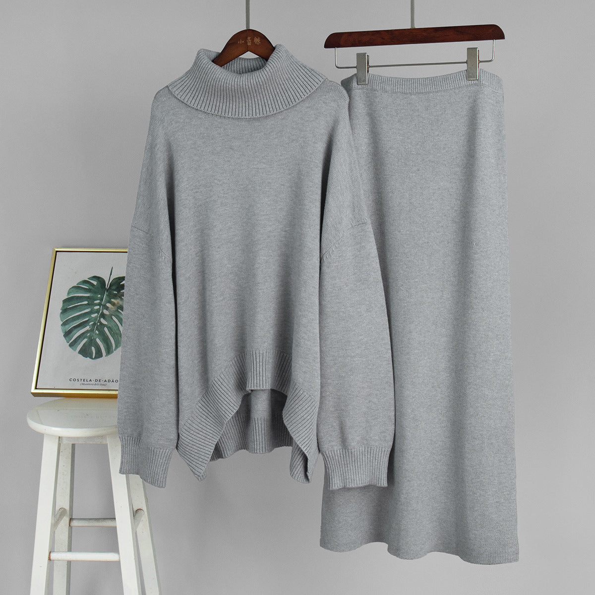 Turtleneck Sweater Skirt Set Women Autumn Winter Loose Knitted Two Piece Sweater Set Women