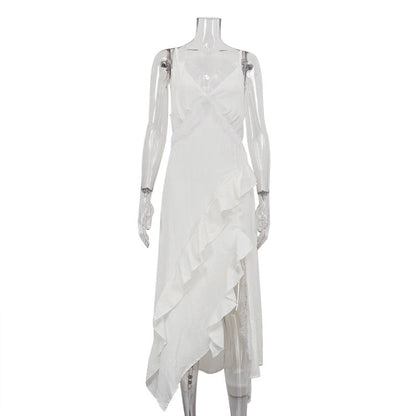 French Design Irregular Asymmetric Hem Backless Sexy Dress Women Lace Stitching Sleeveless Cami Dress