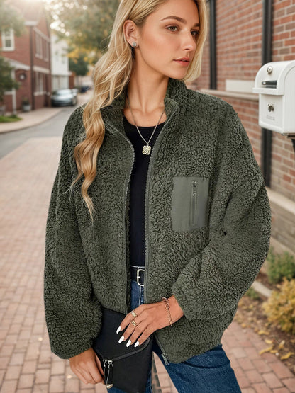 Loose Berber Fleece Coat Stand Collar Zipper Cargo Pocket Thick Thermal Fleece Top
